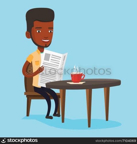 An african-american man reading newspaper in a cafe. Young man reading the news in newspaper. Man sitting with newspaper in hands and drinking coffee. Vector flat design illustration. Square layout.. Man reading newspaper and drinking coffee.