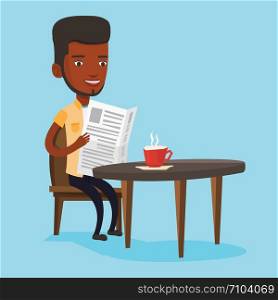 An african-american man reading newspaper in a cafe. Young man reading the news in newspaper. Man sitting with newspaper in hands and drinking coffee. Vector flat design illustration. Square layout.. Man reading newspaper and drinking coffee.