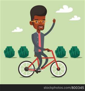 An african-american man riding a bicycle in the park. Cyclist riding a bicycle and waving his hand. Man on a bicycle outdoors. Healthy lifestyle concept. Vector flat design illustration. Square layout. Man riding bicycle vector illustration.