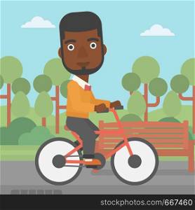 An african-american man riding a bicycle in the park vector flat design illustration. Square layout.. Man riding bicycle.