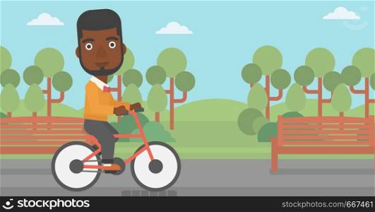 An african-american man riding a bicycle in the park vector flat design illustration. Horizontal layout.. Man riding bicycle.