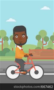 An african-american man riding a bicycle in the park vector flat design illustration. Vertical layout.. Man riding bicycle.