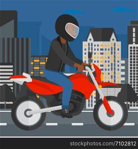 An african-american man riding a motorcycle on the background of night city vector flat design illustration. Square layout.. Man riding motorcycle.