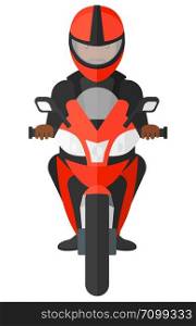 An african-american man riding a motorcycle vector flat design illustration isolated on white background.. Man riding motorcycle.