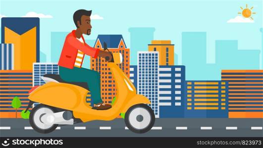 An african-american man riding a scooter on a city background vector flat design illustration. Horizontal layout.. Man riding scooter.