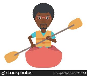 An african-american man riding in a canoe vector flat design illustration isolated on white background.. Man riding in canoe.