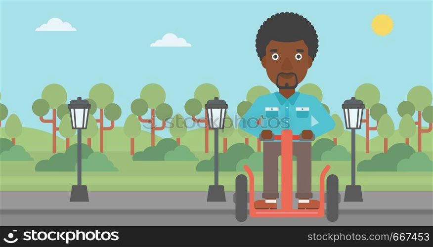 An african-american man riding on electric scooter in the park vector flat design illustration. Horizontal layout.. Man riding on electric scooter.