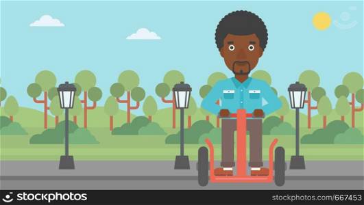 An african-american man riding on electric scooter in the park vector flat design illustration. Horizontal layout.. Man riding on electric scooter.