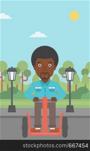 An african-american man riding on electric scooter in the park vector flat design illustration. Vertical layout.. Man riding on electric scooter.