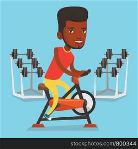 An african-american man riding stationary bicycle in the gym. Sporty man exercising on stationary training bicycle. Man training on stationary bicycle. Vector flat design illustration. Square layout.. Man riding stationary bicycle vector illustration.