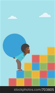 An african-american man rising up on the colored cubes and carrying a big stone on his back. Man with huge concrete ball. Vector flat design illustration. Vertical layout.. Man carrying concrete ball uphill.