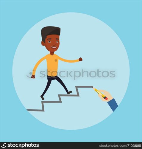 An african-american man running up the career ladder drawn by hand with pencil. Happy businessman climbing the career ladder. Concept of business career. Vector flat design illustration. Square layout. Businessman running up the career ladder.