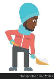 An african-american man shoveling and removing snow vector flat design illustration isolated on white background.. Man shoveling and removing snow.