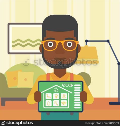 An african-american man showing a tablet computer with smart home application on a screen on the background of living room. Vector flat design illustration. Square layout.. Smart home automation vector illustration.