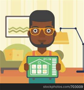 An african-american man showing a tablet computer with smart home application on a screen on the background of living room. Vector flat design illustration. Square layout.. Smart home automation vector illustration.
