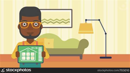 An african-american man showing a tablet computer with smart home application on a screen on the background of living room. Vector flat design illustration. Horizontal layout.. Smart home automation vector illustration.