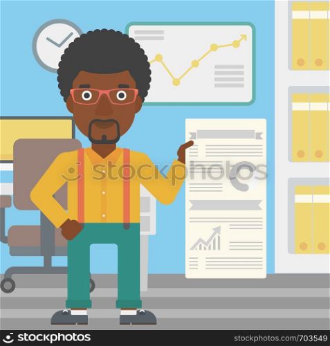 An african-american man showing his business presentation with some text and charts. Man giving a business presentation in the office. Vector flat design illustration. Square layout.. Man making business presentation.