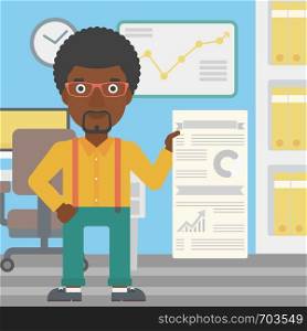 An african-american man showing his business presentation with some text and charts. Man giving a business presentation in the office. Vector flat design illustration. Square layout.. Man making business presentation.