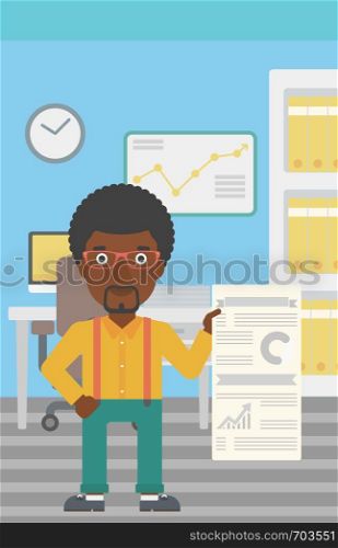 An african-american man showing his business presentation with some text and charts. Man giving a business presentation in the office. Vector flat design illustration. Vertical layout.. Man making business presentation.