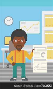 An african-american man showing his business presentation with some text and charts. Man giving a business presentation in the office. Vector flat design illustration. Vertical layout.. Man making business presentation.