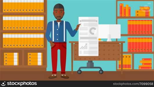 An african-american man showing his complete paperwork with some text and charts on the background of business office vector flat design illustration. Horizontal layout.. Man presenting report.