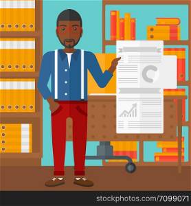 An african-american man showing his complete paperwork with some text and charts on the background of business office vector flat design illustration. Square layout.. Man presenting report.