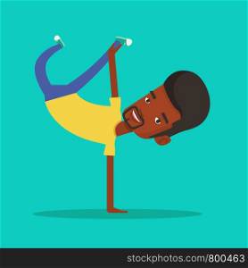 An african-american man showing his skills in break dance. Happy break dance dancer doing handstand. Young smiling man dancing. Strong man breakdancing. Vector flat design illustration. Square layout.. Young man breakdancing vector illustration.