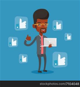 An african-american man showing thumb up and like social network buttons around her. Man with laptop and like social network buttons with thumb up. Vector flat design illustration. Square layout. Man with like social network buttons.