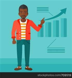 An african-american man showing with his forefinger at increasing chart on a blue background vector flat design illustration. Square layout.. Man presenting report.