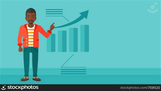 An african-american man showing with his forefinger at increasing chart on a blue background vector flat design illustration. Horizontal layout.. Man presenting report.