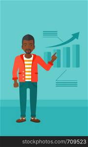 An african-american man showing with his forefinger at increasing chart on a blue background vector flat design illustration. Vertical layout.. Man presenting report.