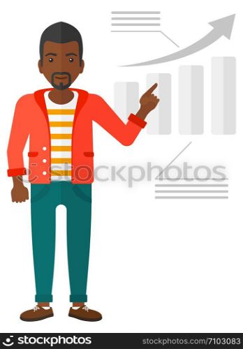 An african-american man showing with his forefinger at increasing chart vector flat design illustration isolated on white background. . Man presenting report.