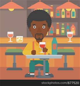 An african-american man sitting at the bar and drinking wine vector flat design illustration. Square layout.. Man sitting at bar.