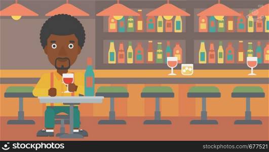 An african-american man sitting at the bar and drinking wine vector flat design illustration. Horizontal layout.. Man sitting at bar.