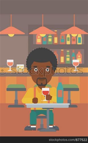 An african-american man sitting at the bar and drinking wine vector flat design illustration. Vertical layout.. Man sitting at bar.