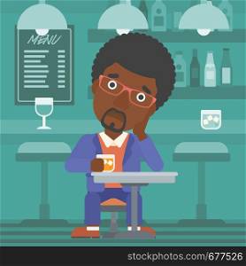An african-american man sitting at the bar with a glass vector flat design illustration. Horizontal layout.. Man sitting at bar.