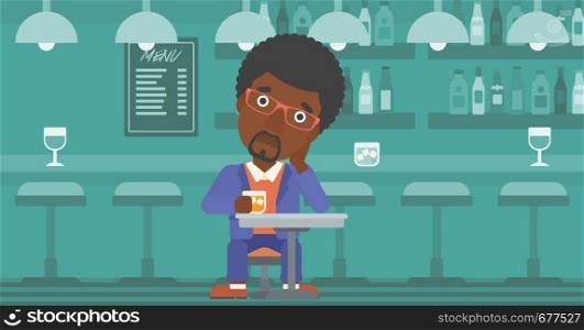 An african-american man sitting at the bar with a glass vector flat design illustration. Horizontal layout.. Man sitting at bar.