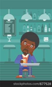 An african-american man sitting at the bar with a glass vector flat design illustration. Vertical layout.. Man sitting at bar.