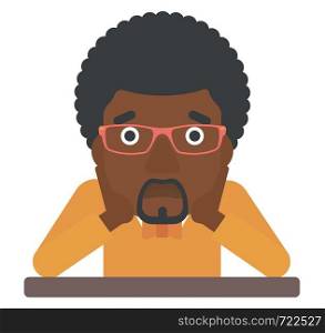 An african-american man sitting at the table and clutching his head vector flat design illustration isolated on white background. . Man clutching his head in desperate.