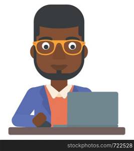 An african-american man sitting at the table and working at the laptop vector flat design illustration isolated on white background.. Man working at laptop.