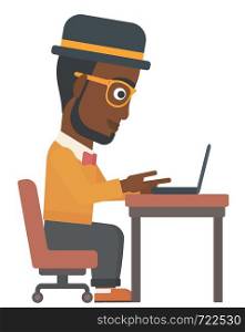 An african-american man sitting at the table and working at the laptop vector flat design illustration isolated on white background.. Man working at laptop.
