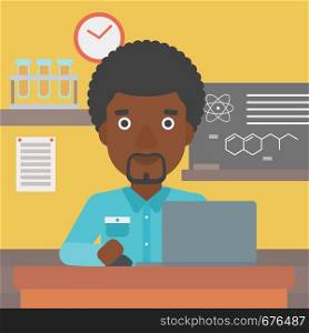 An african-american man sitting at the table and working on a laptop on the background of chemistry class vector flat design illustration. Square layout.. Man studying with laptop.