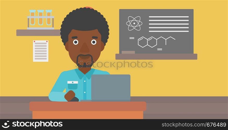 An african-american man sitting at the table and working on a laptop on the background of chemistry class vector flat design illustration. Horizontal layout.. Man studying with laptop.