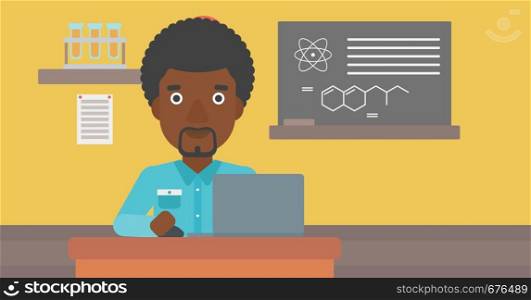 An african-american man sitting at the table and working on a laptop on the background of chemistry class vector flat design illustration. Horizontal layout.. Man studying with laptop.