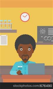 An african-american man sitting at the table and working on a laptop on the background of chemistry class vector flat design illustration. Vertical layout.. Man studying with laptop.