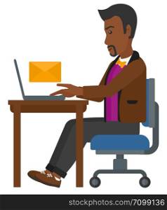 An african-american man sitting at the table in front of a laptop with a big envelope above vector flat design illustration isolated on white background. . Man receiving email.