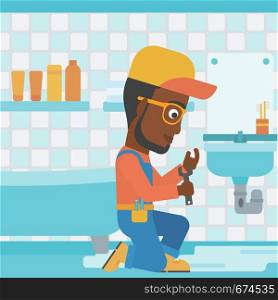 An african-american man sitting in a bathroom and repairing a sink with a spanner vector flat design illustration. Square layout.. Man repairing sink.