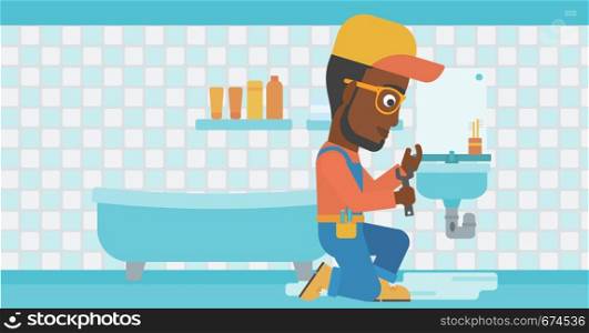 An african-american man sitting in a bathroom and repairing a sink with a spanner vector flat design illustration. Horizontal layout.. Man repairing sink.