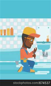 An african-american man sitting in a bathroom and repairing a sink with a spanner vector flat design illustration. Vertical layout.. Man repairing sink.