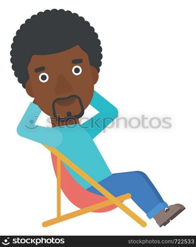 An african-american man sitting in a folding chair vector flat design illustration isolated on white background. . Man sitting in a folding chair.